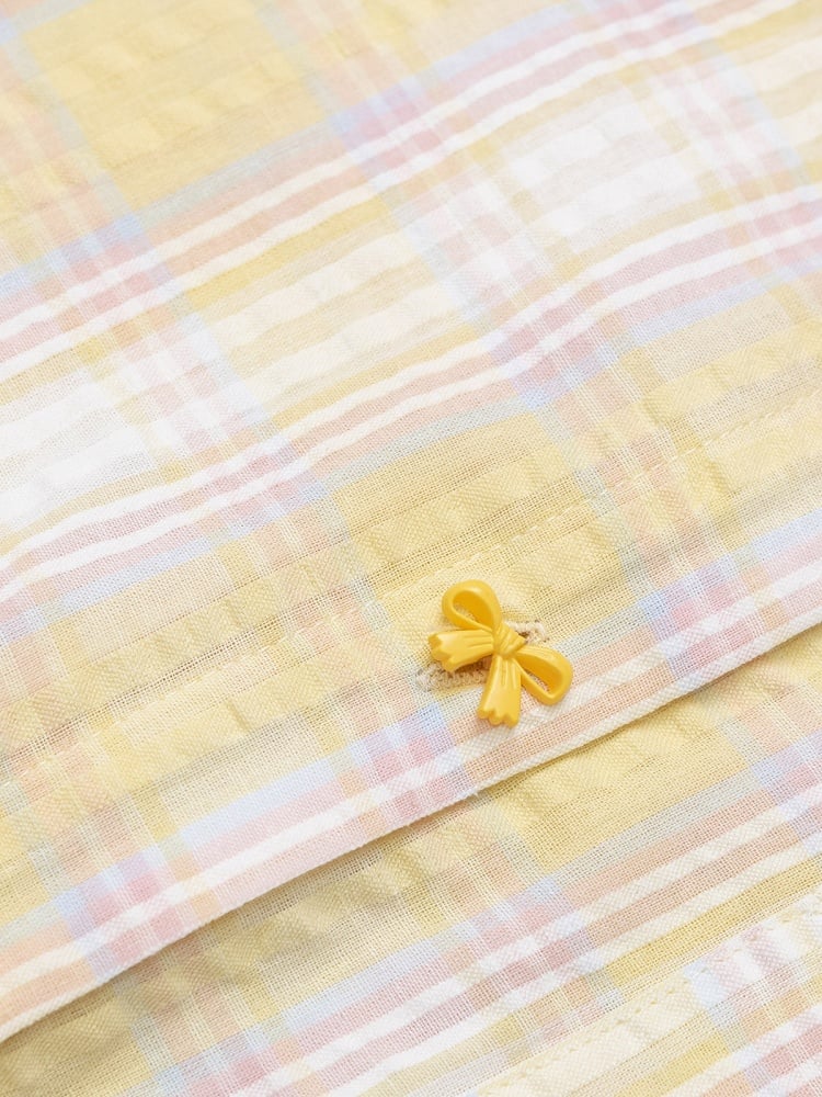 Golden Tartan Short-Sleeve Blouse with Pup Hem and Ribbon Closures - Languid Park