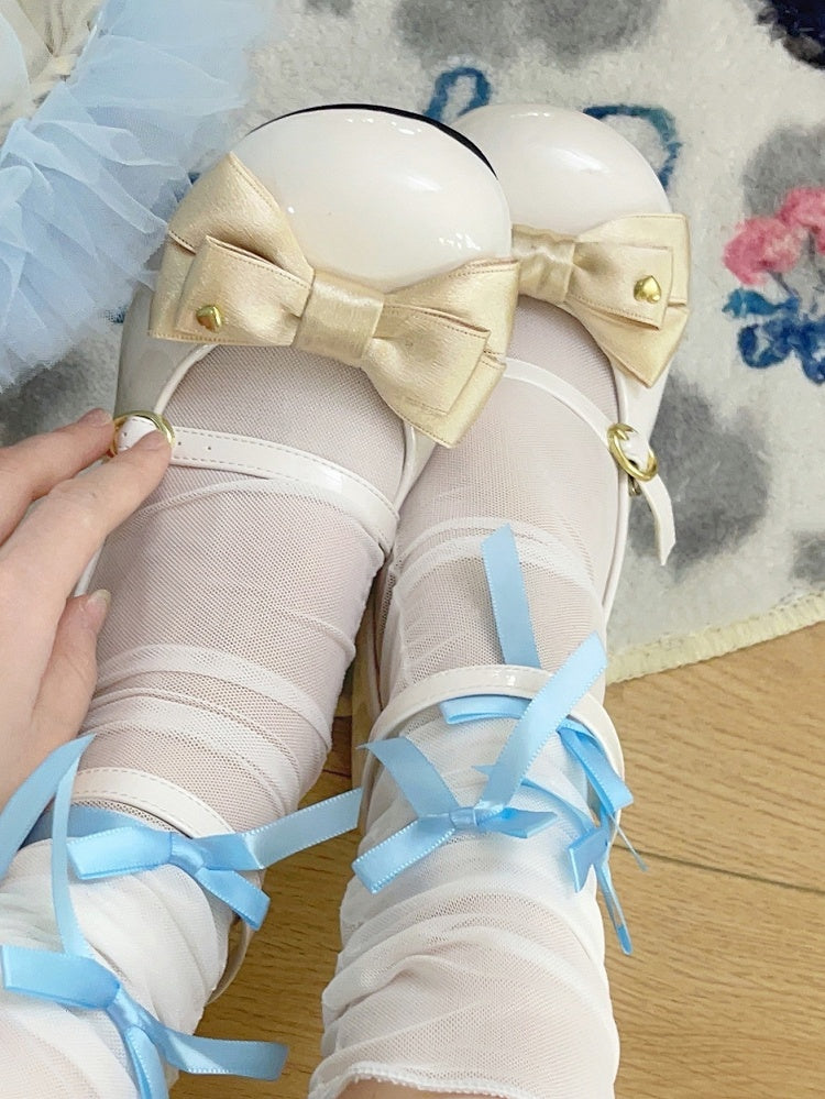 Champagne Sweet Janes White Heel Lolita Block Mary High Heart-Decorated PU Bow in Leather