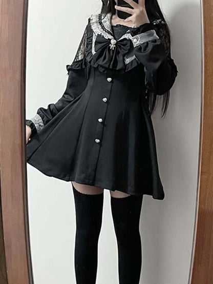 ブラックホワイト ジライケイ セットセーラーカラー スイートハートボタン留めトップス