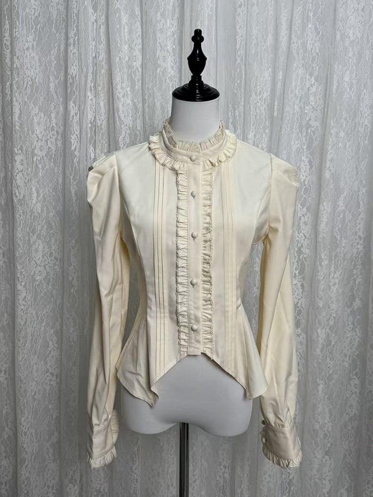 Lolita Apricot Sleeves Ruffle Back Long Lacing Blouse with Neckline