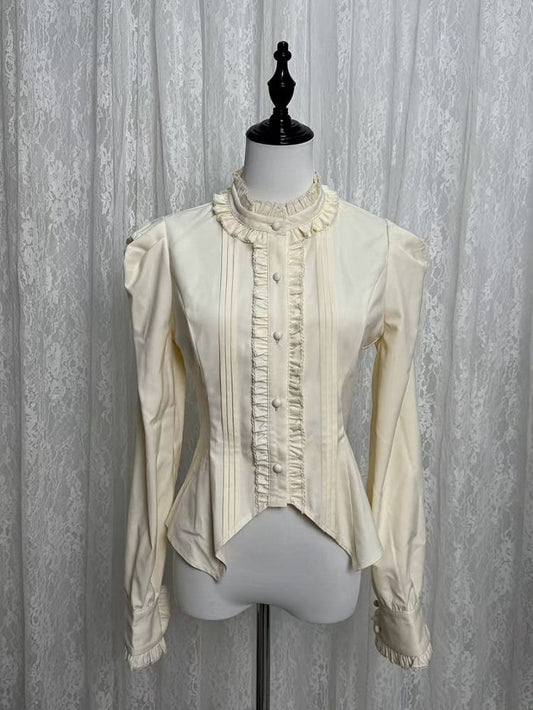 Lolita Apricot Sleeves Ruffle Back Long Lacing Blouse with Neckline