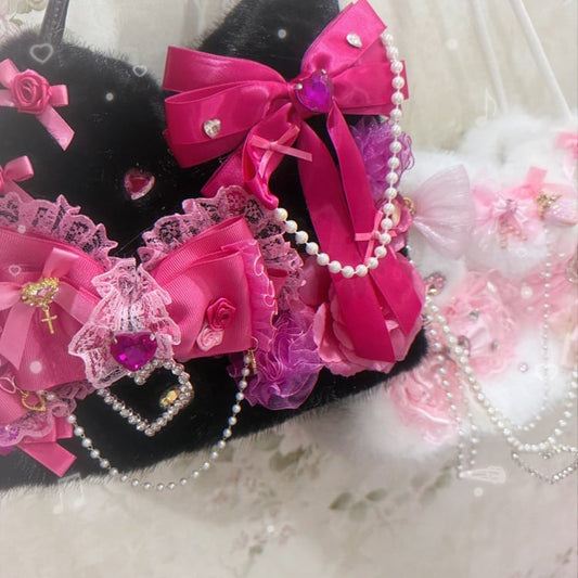 White-Pink Sweet Bag Hime Handmade Dark - Gyaru Lace Black-Pink with