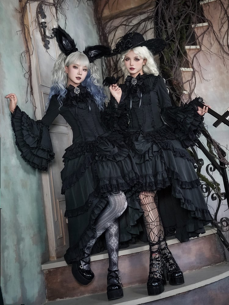 Layered Aristocrat Drawstring High-low Gothic Skirt Black Lolita