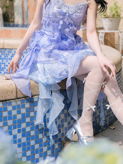 Cute Blue Summer Bottoms with Ruffle Hem - Zao Jing Ji