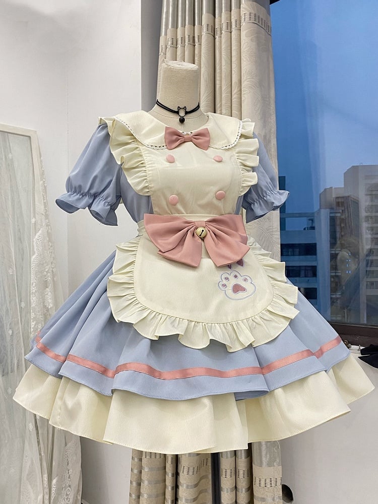 Pink Lolita Apron Blue Dress Embroidery Sweet Kitty Paw and Maid