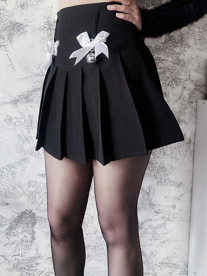 Y2K ブラック リボン ベルディテール ハイウエスト プリーツスカート
