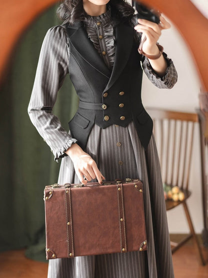 Blazer Waistcoat Collar Vintage Black Tailored