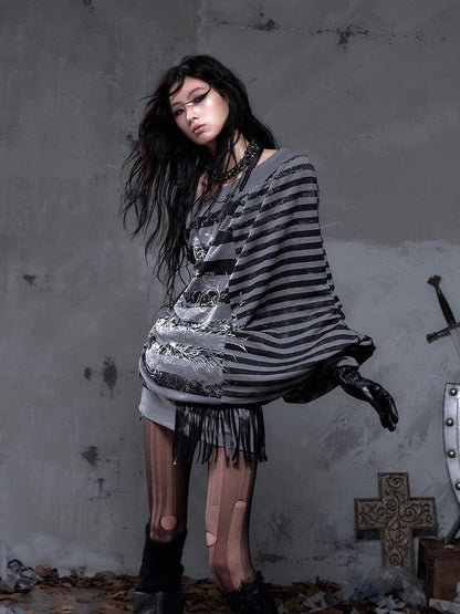 Black Sweatshirt Dress Print Stripes Cross Punk Off-Shoulder Versatile Batwing with Y2K Gray