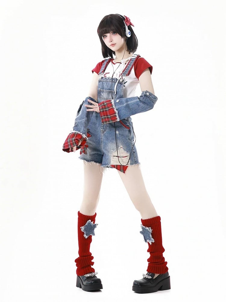 Distressed Denim Shorts Raw with Overall Appliques Blue Star Hem Holes Armwears Plaid Free