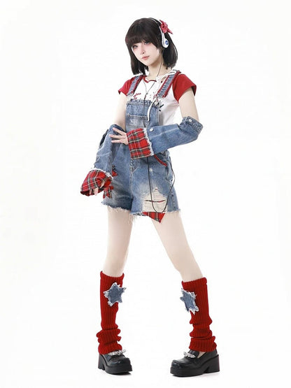 Distressed Denim Shorts Raw with Overall Appliques Blue Star Hem Holes Armwears Plaid Free