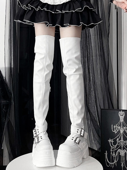 in PU Matte Over Style Clasps with White Punk Boots Decorative Zip Length Closure Inner Platform Knee