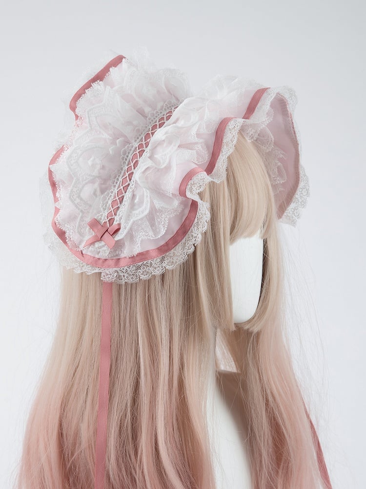 Bows Ruffled Bunny Lace Pastel Removable Ears with Wide Pink Hairband