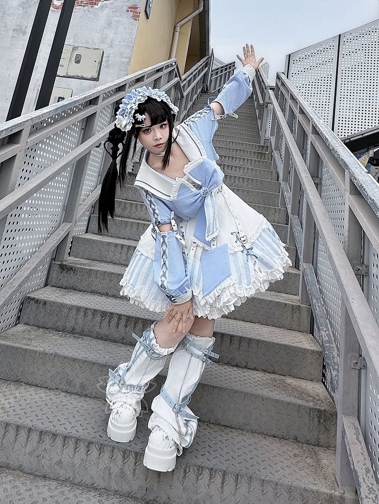 Kitty Light Bow Kaiwai Set Blaues JSK-Kleid Kurz geschnittenes Tenshi Lolita Sailor Striped Big Top Muster Ohren + - Kragen