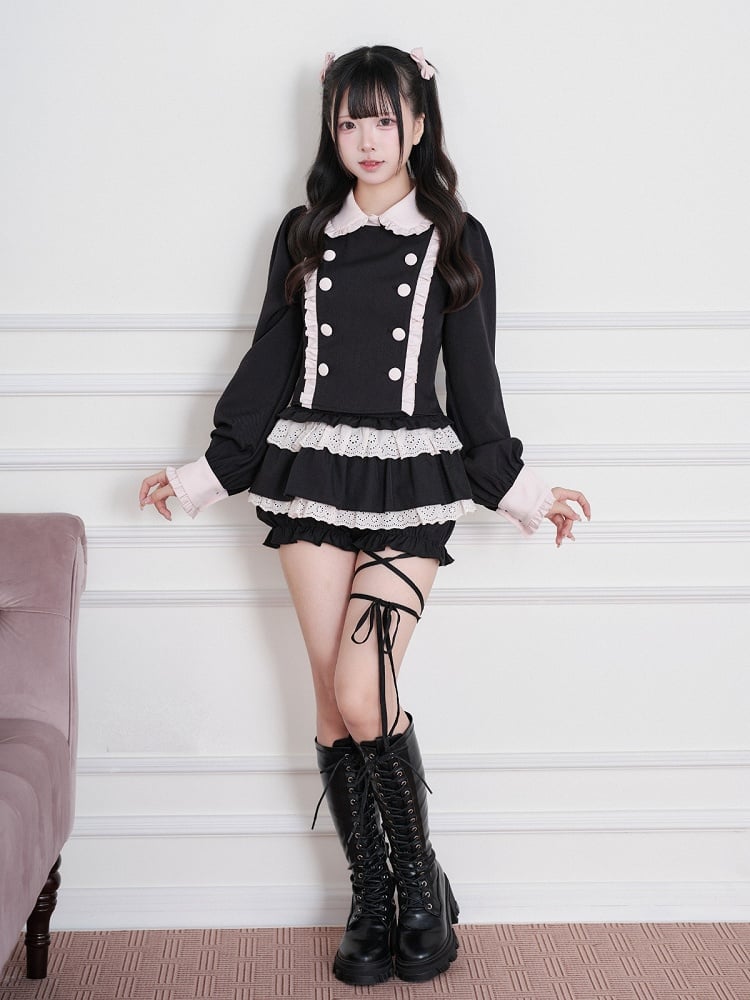 Black & Pink Jirai-Kei Tiered Ruffle Skirt, Lace Trim & Built-In Shorts - No Genki