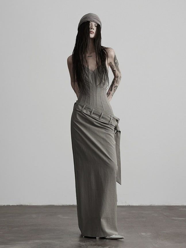 Gray Boned Strapless Long Dress with Belt - INDULGE