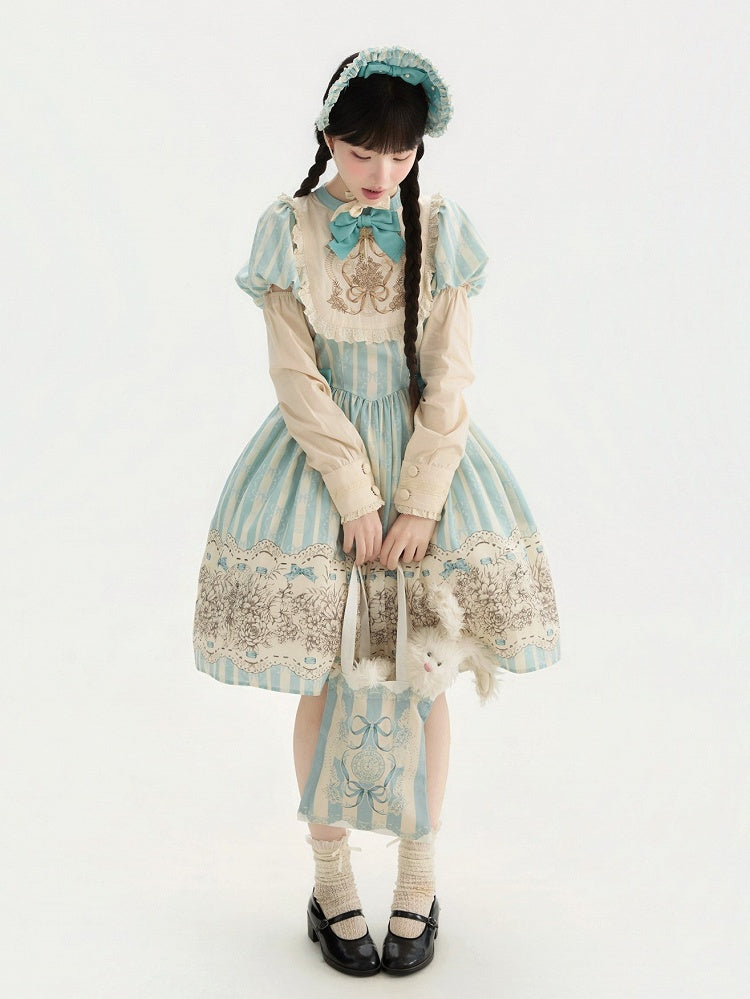 and Floral Blue Embroidery Classic One Bowknot Piece Striped Bodice Version Lolita Short Pattern
