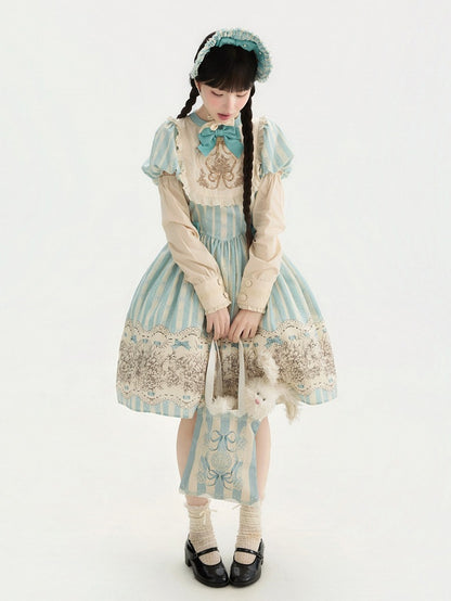 and Floral Blue Embroidery Classic One Bowknot Piece Striped Bodice Version Lolita Short Pattern