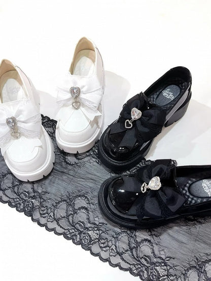 Polished 6cm Jirai with Black Loafers Rhinestone Sweetheart Bow Platform in Kei Heel