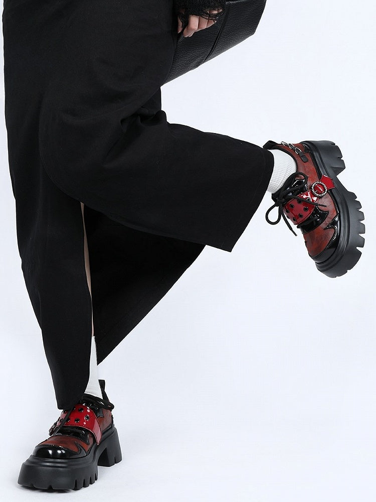 Sole Black Platform Chunky with Buckle Design Shoes Details Lace-up Red Vamp - Studs Punk