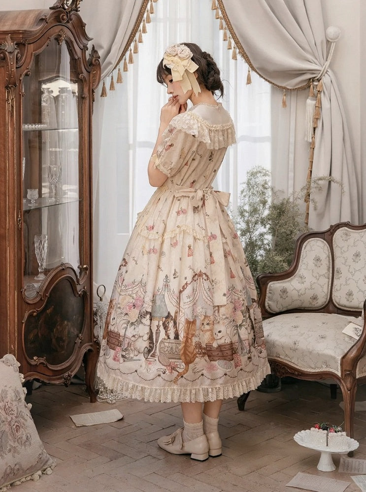 Beige Cat Print Round Neck Sweet Lolita Dress with Lace Trim - NyaNya
