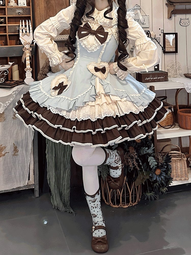 Dress Ruffles Lace Chocolate Patch Bow Mint with Lolita JSK Sweet Green Heart Embellished and