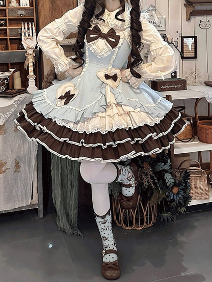 Dress Ruffles Lace Chocolate Patch Bow Mint with Lolita JSK Sweet Green Heart Embellished and