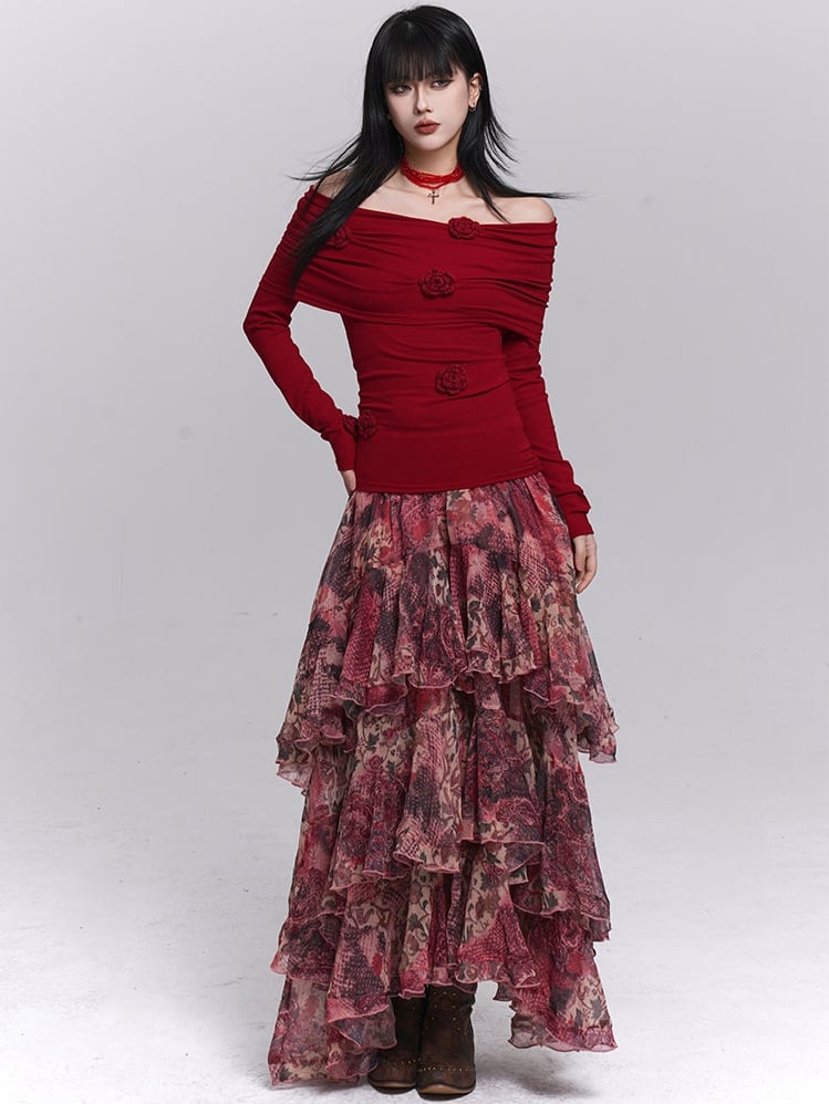 Top Long Floral with Christmas Sleeves Off-the-shoulder Neckline Red Design