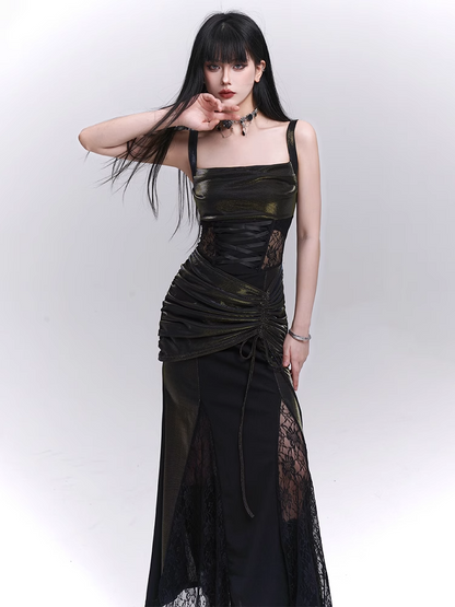 Taillenkordelzug Schwarze Spitze Hüfte Ärmelloses Kleid Patches