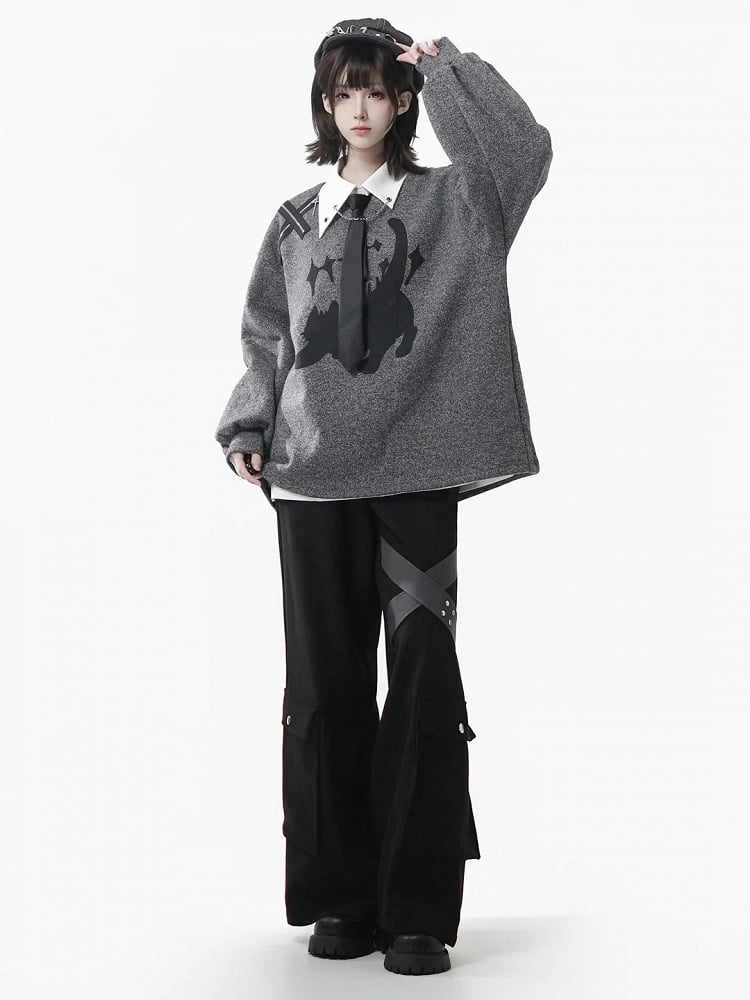 Round Cute Sweatshirt Print Neck Accent Cat Zip with