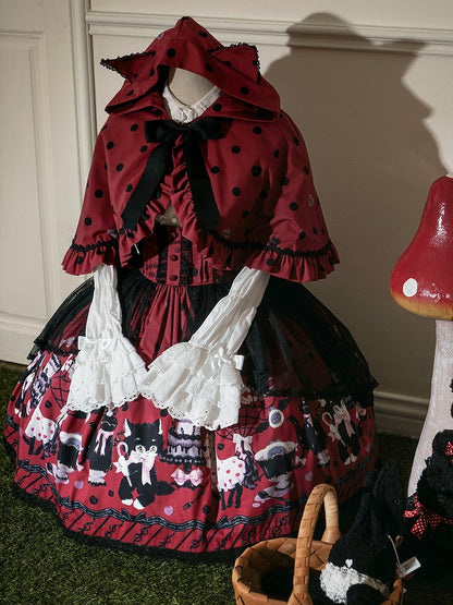 Lolita Cat Hooded with Dot Red Polka Ears Cape