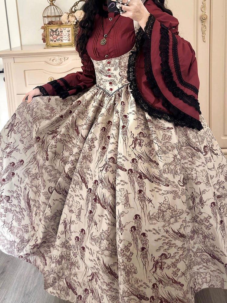 Under Skirt Lolita Wood Animals Red Boned Print Jumper Waist Bust Basque and