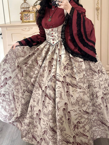 Under Skirt Lolita Wood Animals Red Boned Print Jumper Waist Bust Basque and