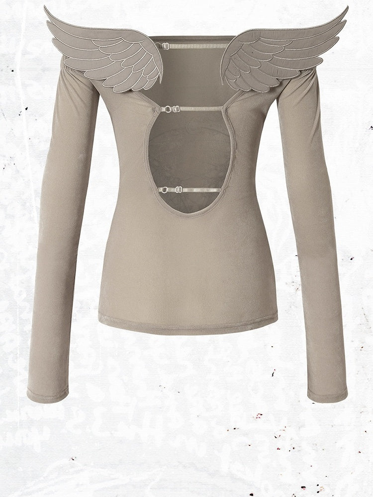 Grey Heart Print Off-Shoulder Long Sleeve Flocked Knit Top with Back Cutout & Wing Decoration - NO ROMANCE