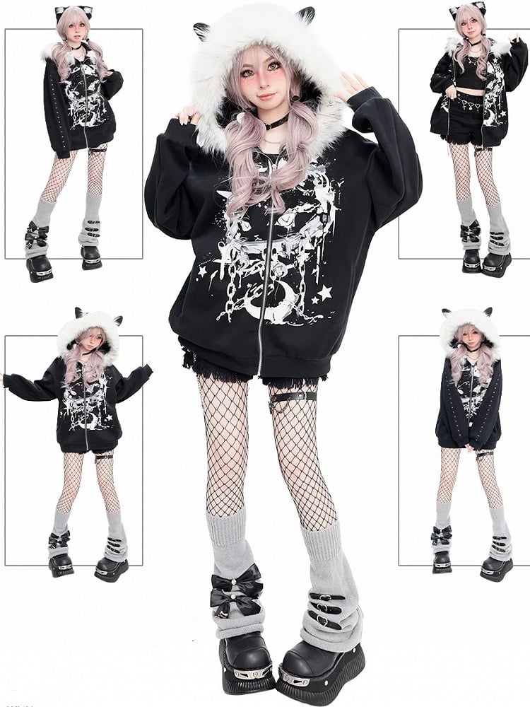 Punk Anime Cat Schwarz Dicker Kapuzenpullover mit Reißverschluss