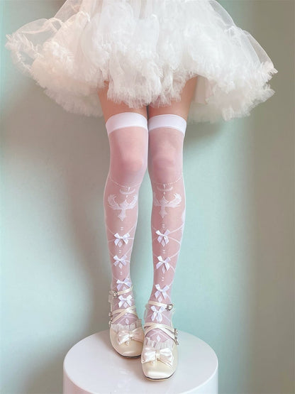 White/Black Bow Semi-sheer Cross and Wing Over Knee Stockings