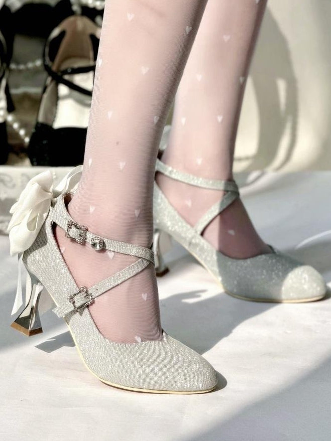 Toe Lolita PU Heels - High Silver Pointed Sparkling