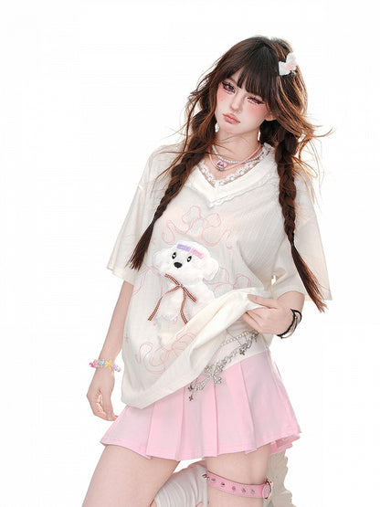 Loose Yume Adorable Puppy Pattern White/Blue T-Shirt Kawaii