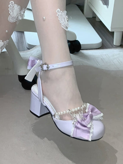 Mary Lolita Heels 6CM Accent Janes and Bow Chain Block Purple Bead Sweet Detachable