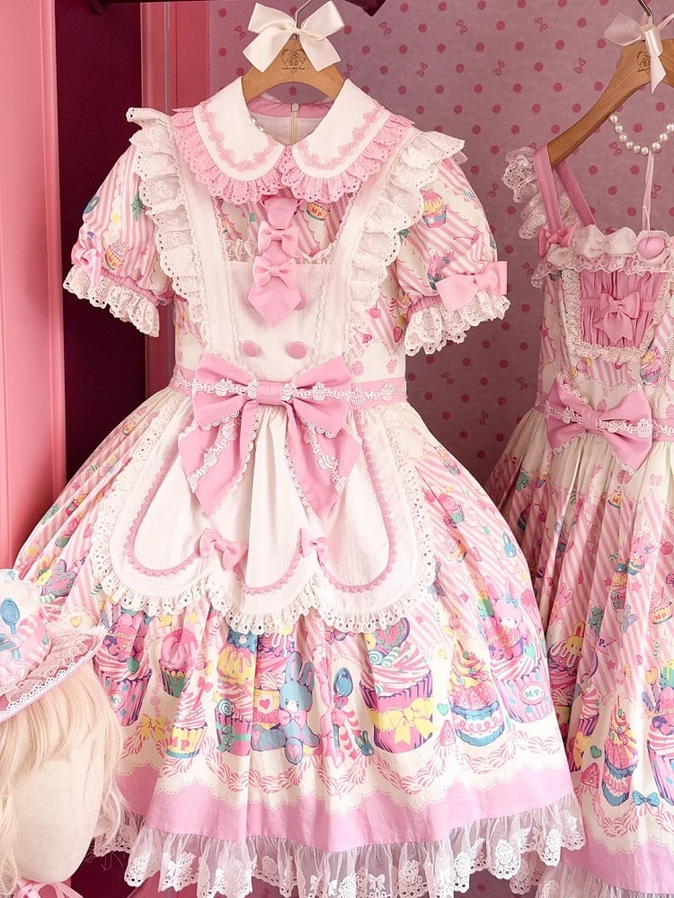 and White Collar Pan Pink Lolita Peter Bunny Cupcake Dress Print Maid