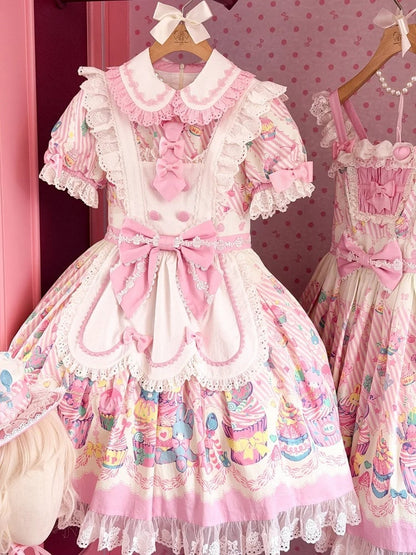and White Collar Pan Pink Lolita Peter Bunny Cupcake Dress Print Maid