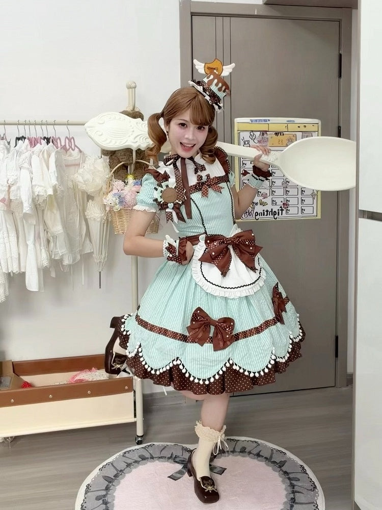 Mint Chocolate Cookie OP Dress with Pompom Bowknot Apron - Alice in Wonderland Lolita
