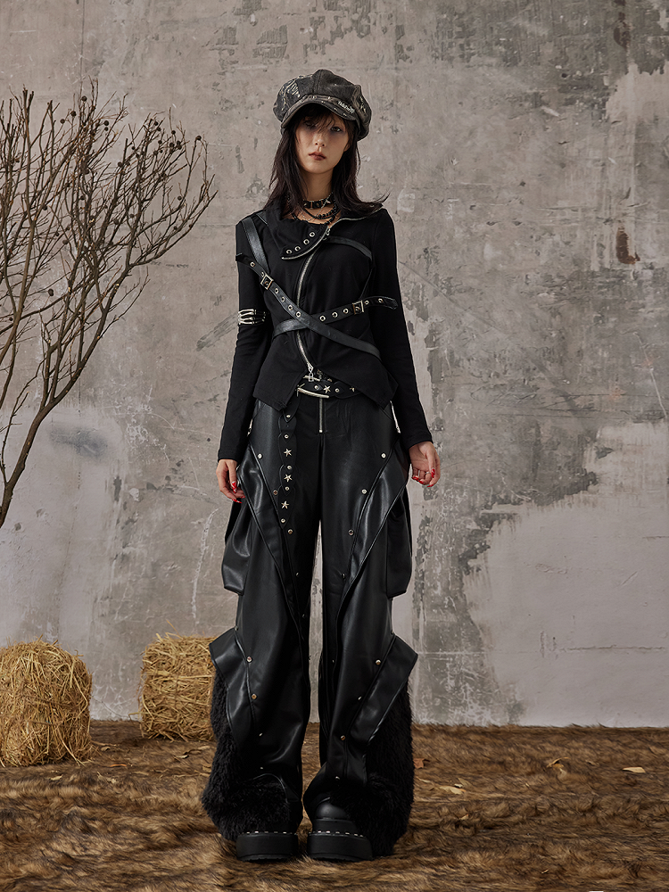 Studded Punk with Pants Black Wide-Leg PU Faux Rock Fur Accents