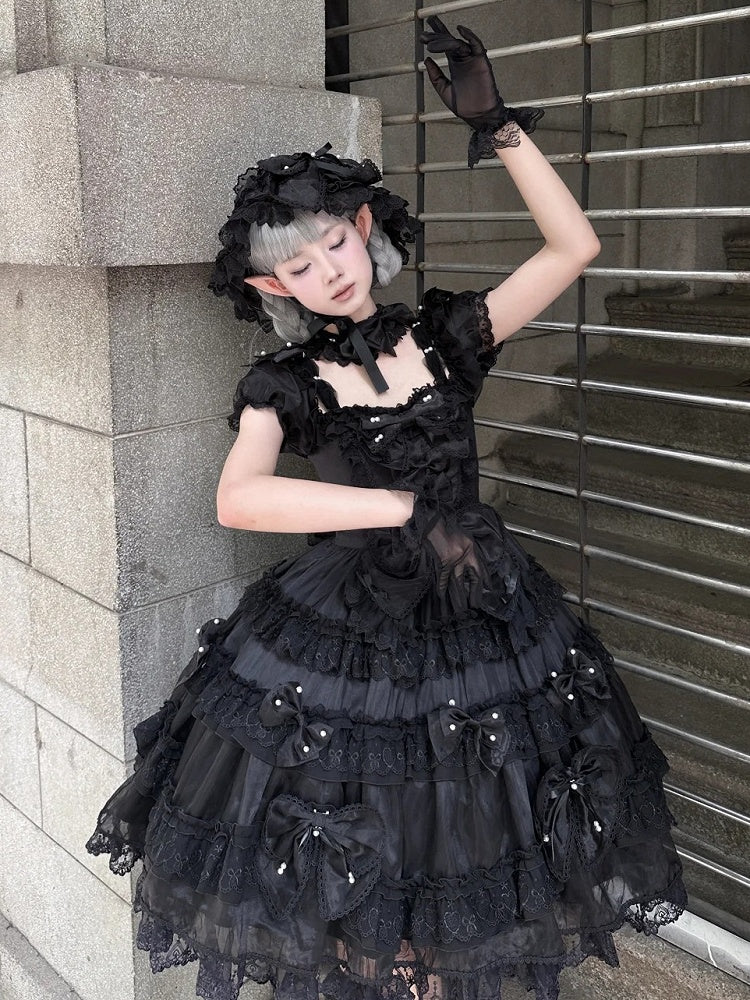 Alle Details mit Schleife Lolita Rückenkleid Perlen groß und Akzente Prinzessin Schwarz