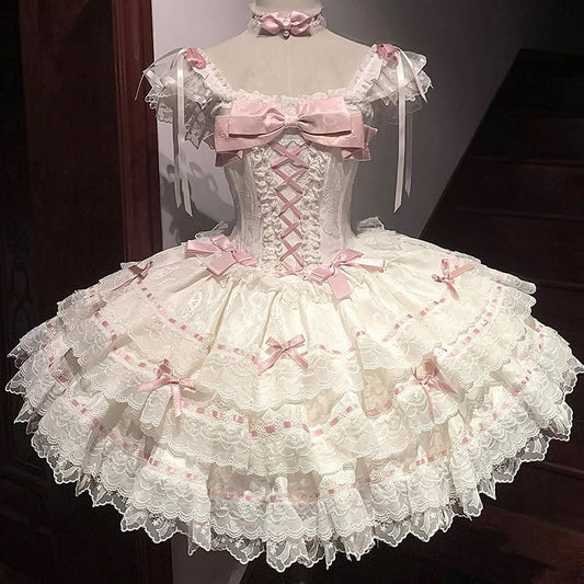 Details Multi-Layered Bow Princess Dress Lace Lolita Apricot Jacquard with