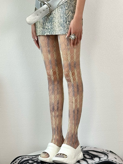 Fashion Hollow-out Tights WhiteGray Details Gyaru Dye Tie