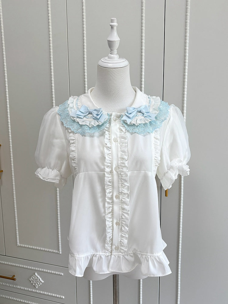 Shirt and Round Sleeves Collar Blue White Flat Lolita Short