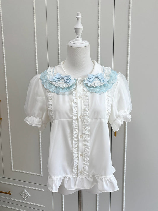 Shirt and Round Sleeves Collar Blue White Flat Lolita Short