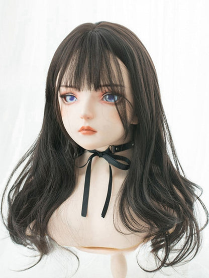 Schwarzbraune 60 cm lange gewellte Perücke mit Air-Pony