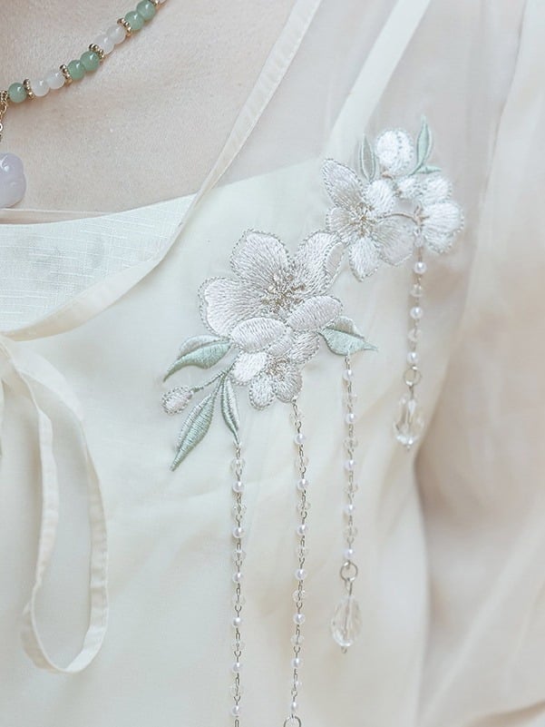 Sheer Top Set with Light Green Sleeveless Dress, Floral and Bird Embroidery, Modern Chinese Style - Han Ru Chu Hanfu &amp; Han-Element Studi