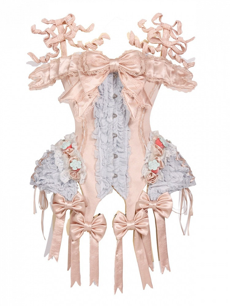 Strawberry Mousse Rococo Corset Top with Detachable Chest Bow and Shoulder Straps - Blood Supply